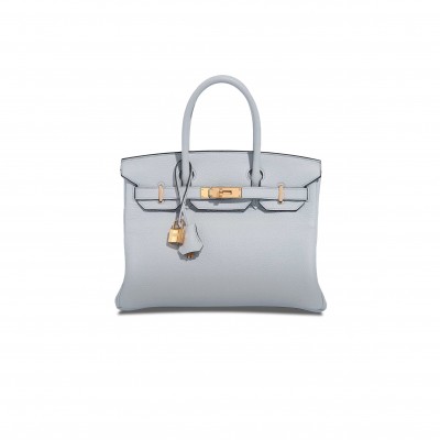 HERMES BIRKIN 30 TOGO LEATHER PLATINUM BAG GLACIER BLUE GOLD BUCKLE 2325 (30*20*13cm)